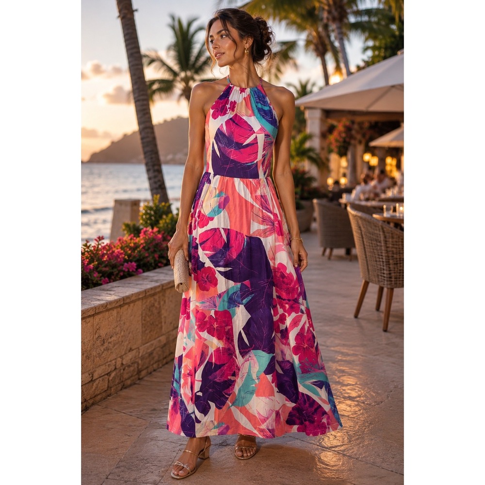 Kilig Womens Tropical Floral Halter Maxi Dress Pink Purple Small NWT